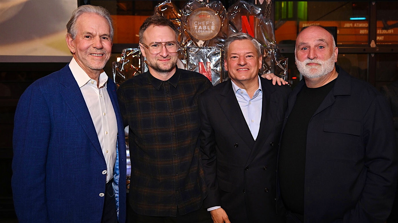 From left: chef Thomas Keller, executive producer and creator David Gelb, Netflix CEO Ted Sarandos and chef José Andrés